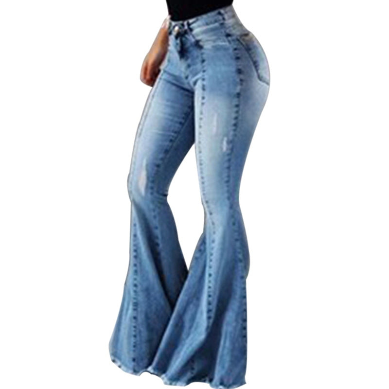 High Waist Elastic Ripped Denim Bell-Bottom Pants for Women