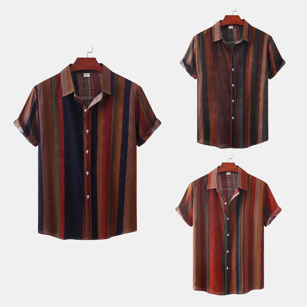 Summer Men's Casual Retro Cotton Printed Shirt Short Sleeve