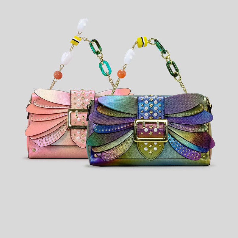 Contrast Color Rivet Butterfly Wings PU Handbag Crossbody Bag