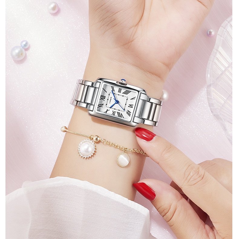 Vagran Needle Women's Retro Small Square Watch - Silver & Rose Gold, 24mm Dial