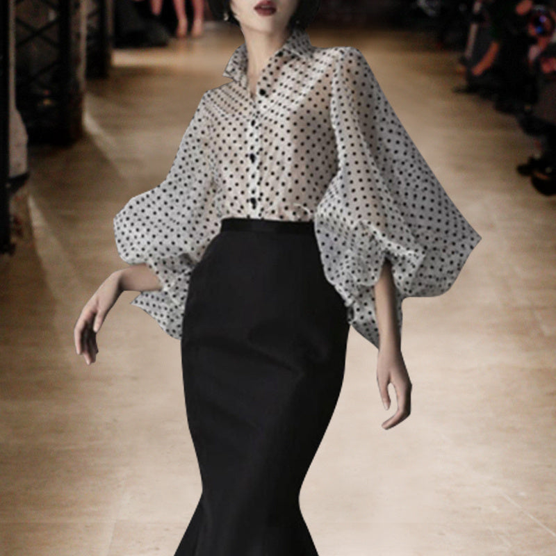 Women’s White Organza Polka Dot Lantern Sleeve Shirt