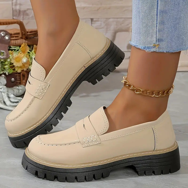 Chaussures décontractées à talon mi-haut pour femmes, style britannique mat