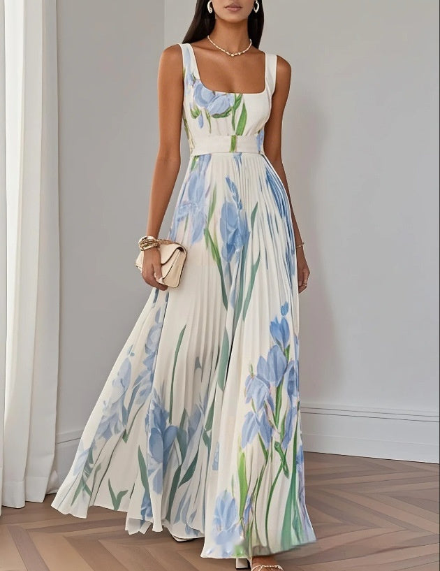Robe sans manches plissée imprimée taille haute