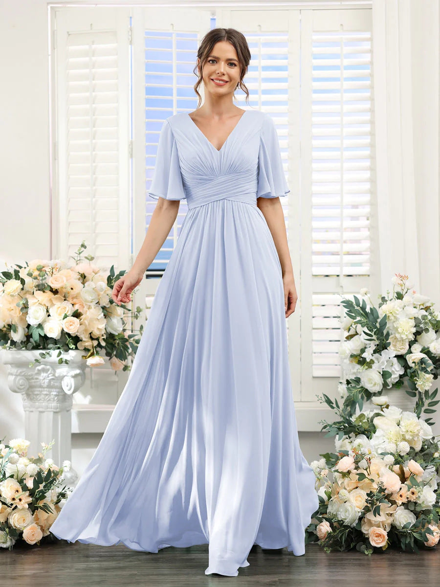 Robe de soirée longue en mousseline de soie à col en V et manches papillon