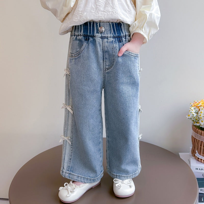 Pantalon droit en denim à jambes larges avec nœud pour enfants, collection automne