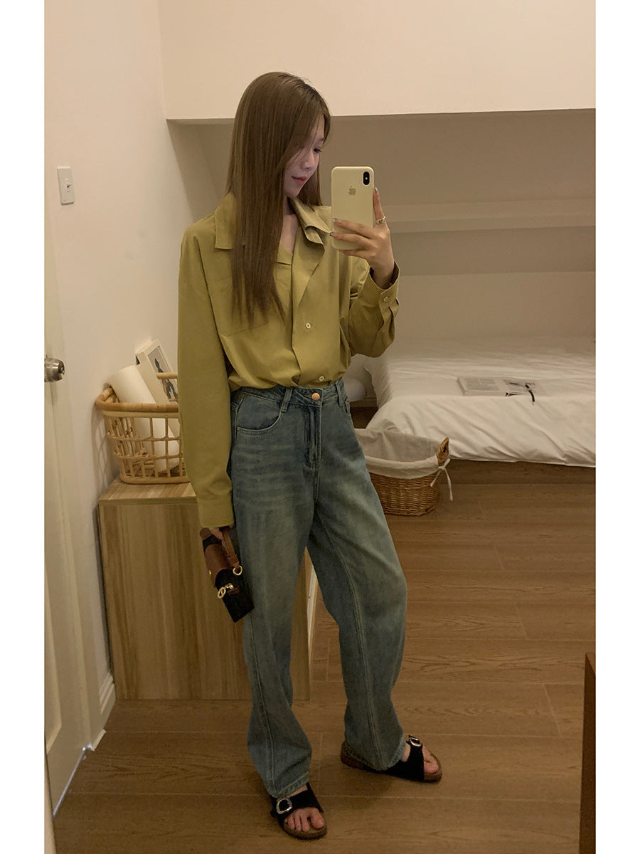High Waist Blue Slimming Straight Leg Pants for Women