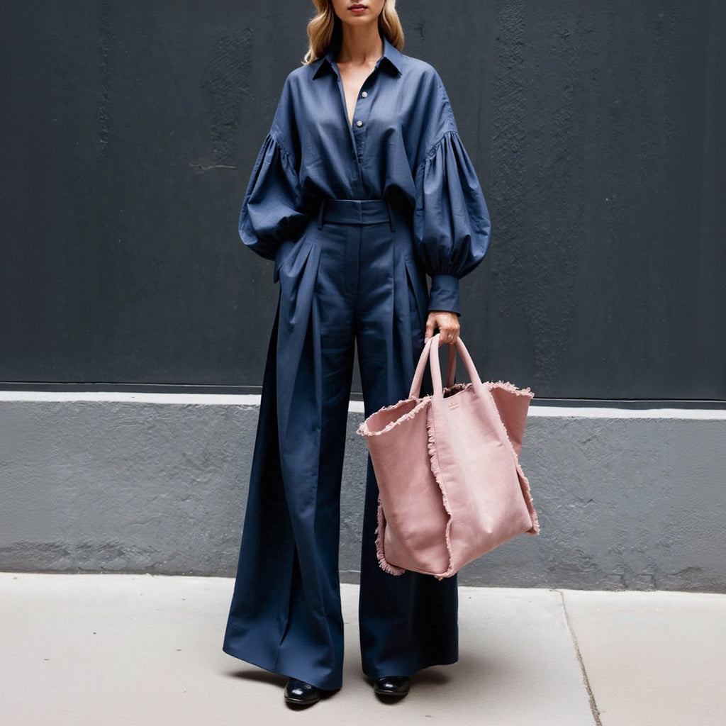 Cotton Linen Two-Piece Suit Long-Sleeve Shirt & Wide-Leg Pants