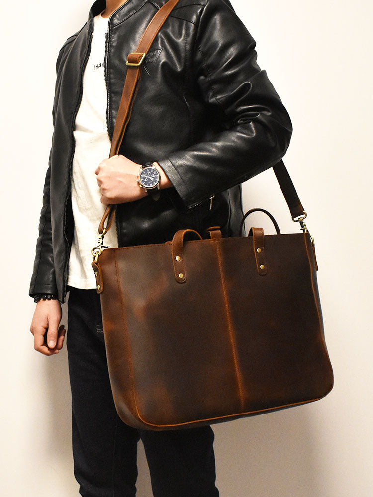 Vintage Crazy Horse Leather Handbag Large Capacity Coffee Color