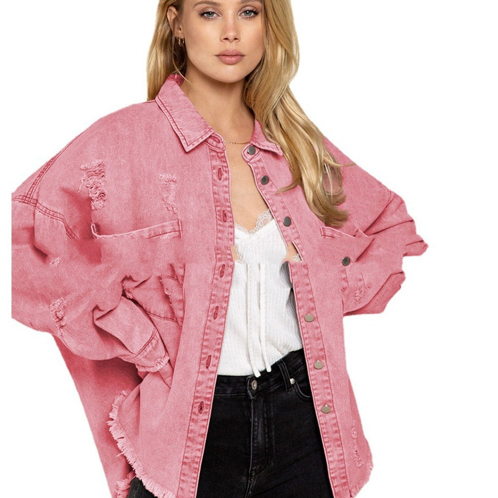 Veste en jean mi-longue déchirée à ourlet brut pour femme