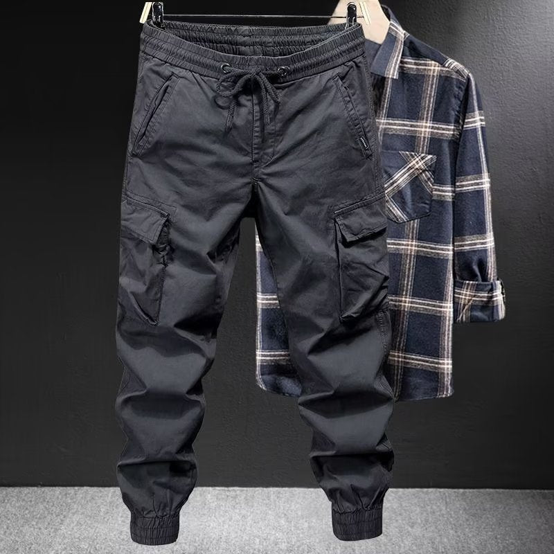 Loose Tapered Solid Color Cotton Overalls with Drawstring