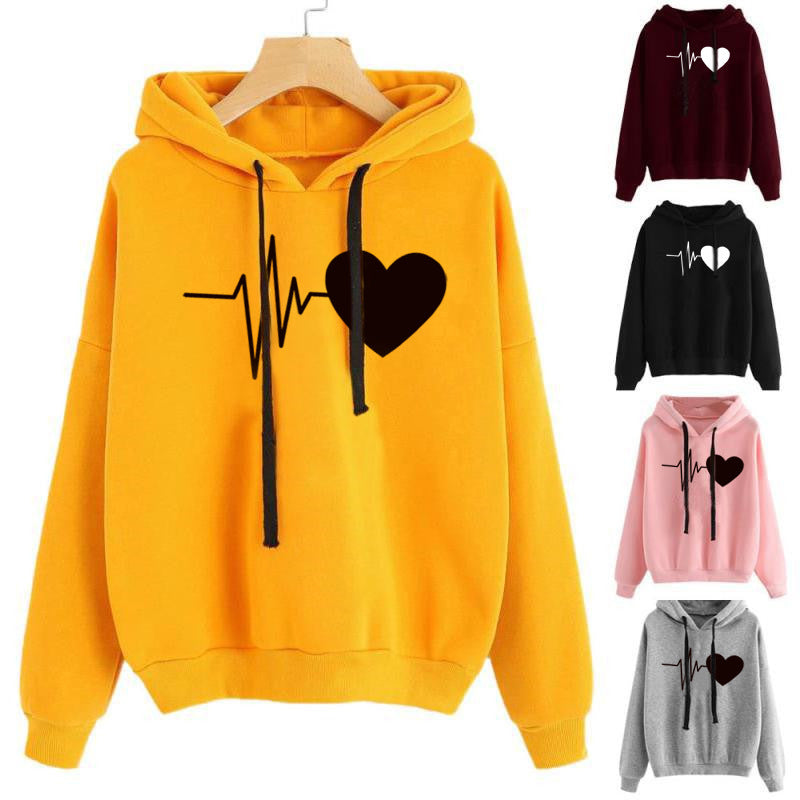 Sweat à capuche streetwear pour femme à imprimé cœurs, manches longues, pull, printemps-automne