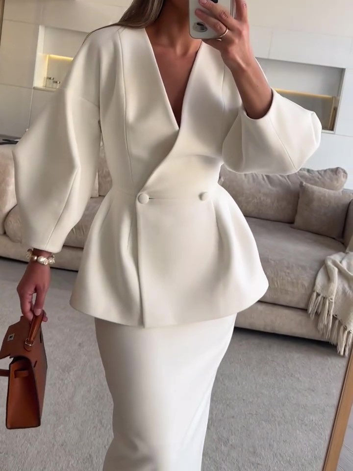 Ensemble jupe longue et manteau à col en V à volants en polyester
