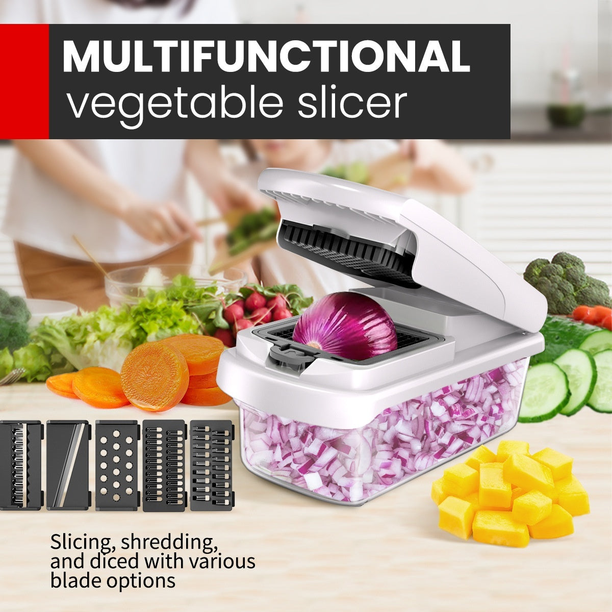Household 15-in-1 Multi-Function Vegetable Chopper with Stainless Steel Blades