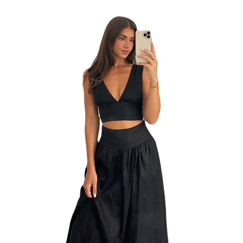 Black Cotton Linen Vest High Waist A-Line Dress Two-Piece Set for Women