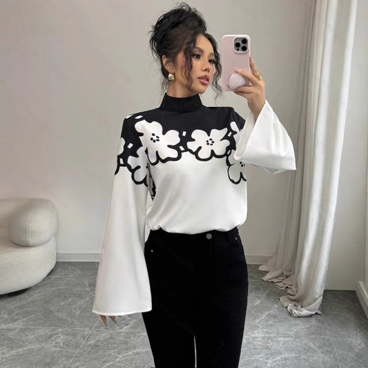 Women's Elegant Commuter Loose Floral Print Long Sleeve Stand Collar Shirt
