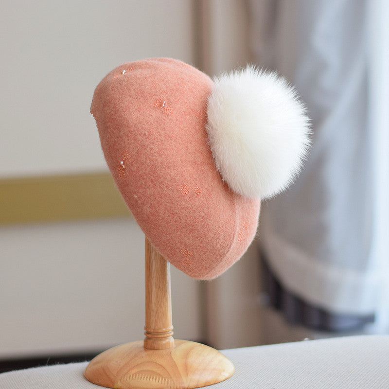 Women's Vintage Wool Dome Hat with Fox Fur Ball for Autumn Winter M 56-58cm