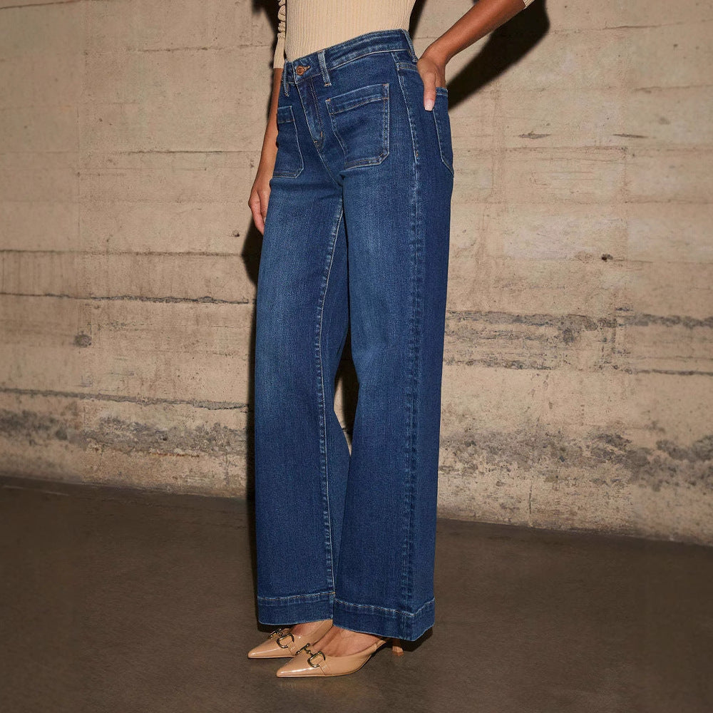 High-Waisted Women’s Denim Jeans with Wide Straight Leg