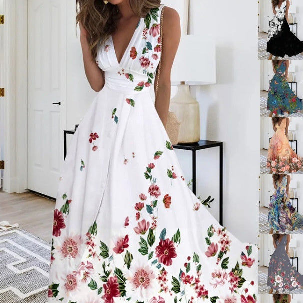 Spring Summer V-Neck Sleeveless Waist-Controlled A-Line Dress