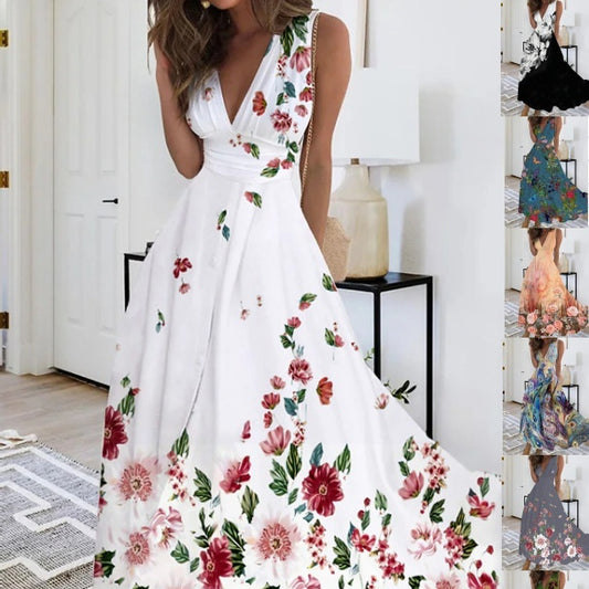 Spring And Summer V-neck Sleeveless Waist-controlled Large Hem Sexy Dress