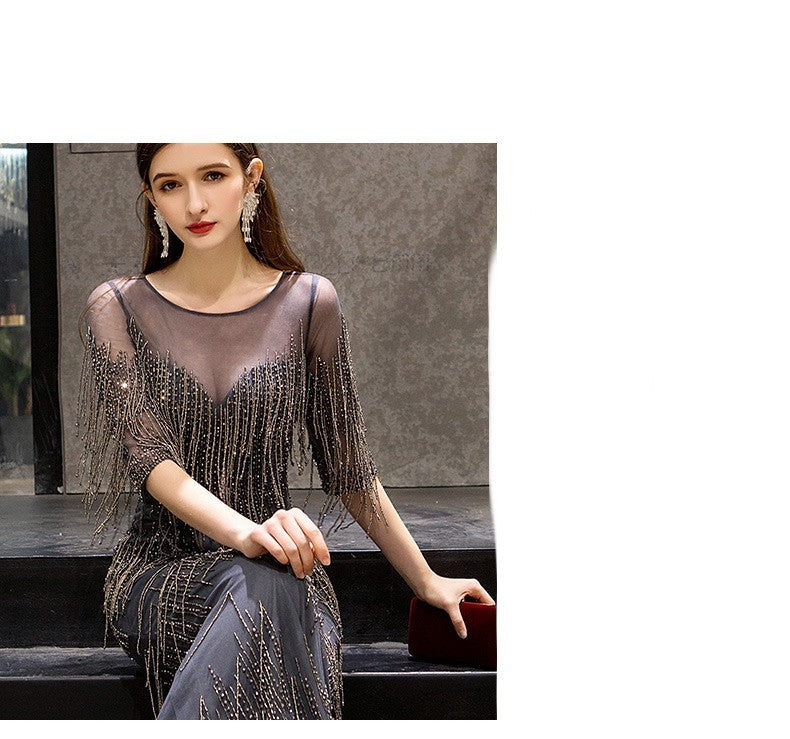 Temperament Hostess Evening Dress for Women with Pearl Beads and Zipper Detail