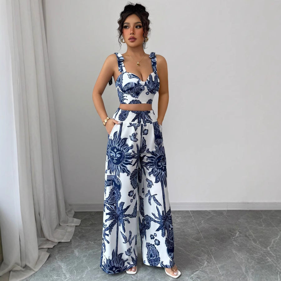 Sexy V-Neck Strap Vest with Loose Wide Leg Pants Set