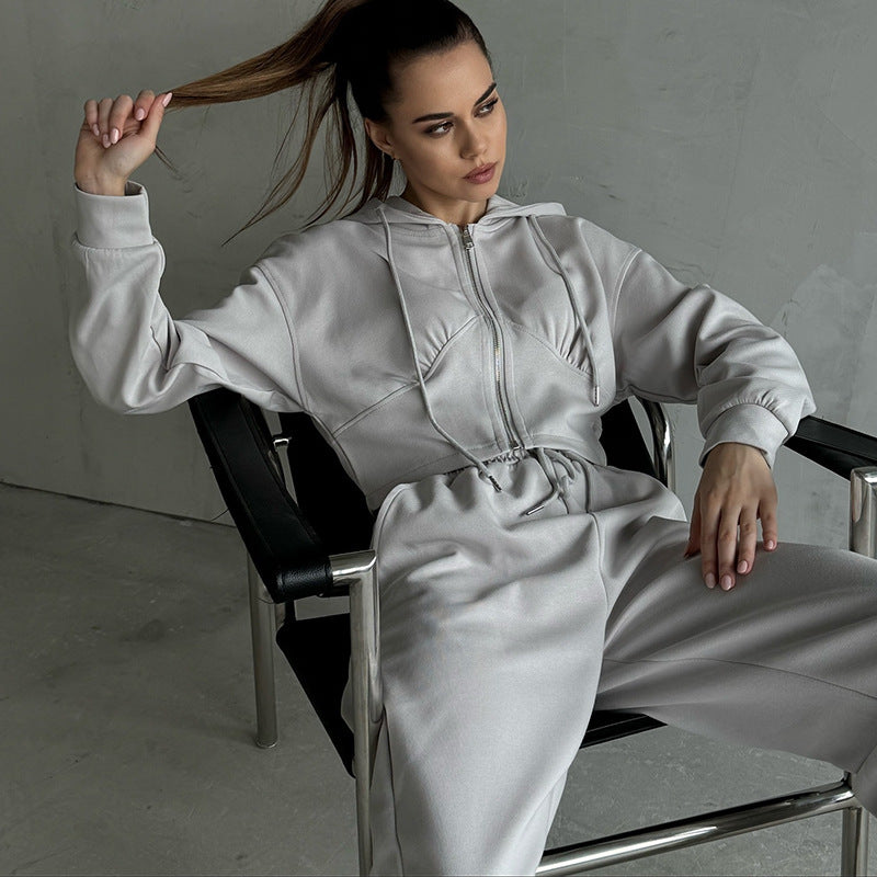 Ensemble deux pièces pull à capuche zippé à manches longues et pantalon à lacets uni