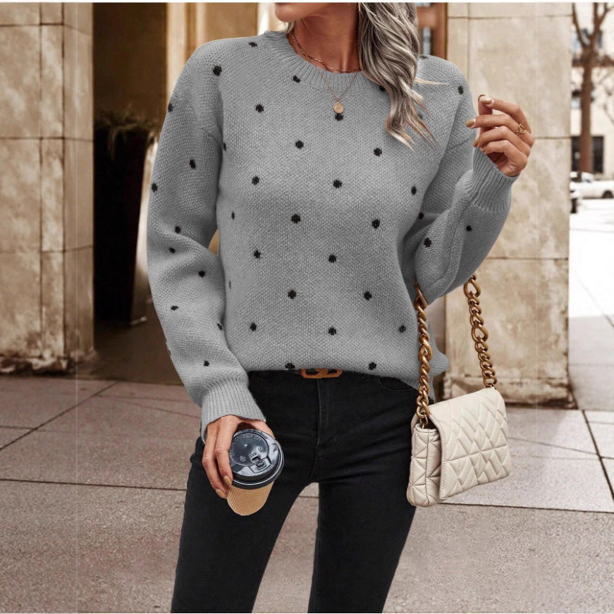 Polka Dot Print Pullover Sweater Long-Sleeve Casual Knit Top for Women