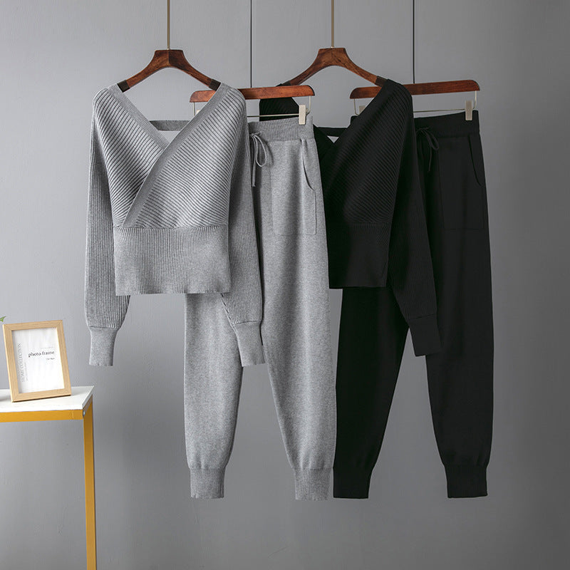 Sexy V-Neck Sweater and Casual Sports Pants Two-Piece Set for Women