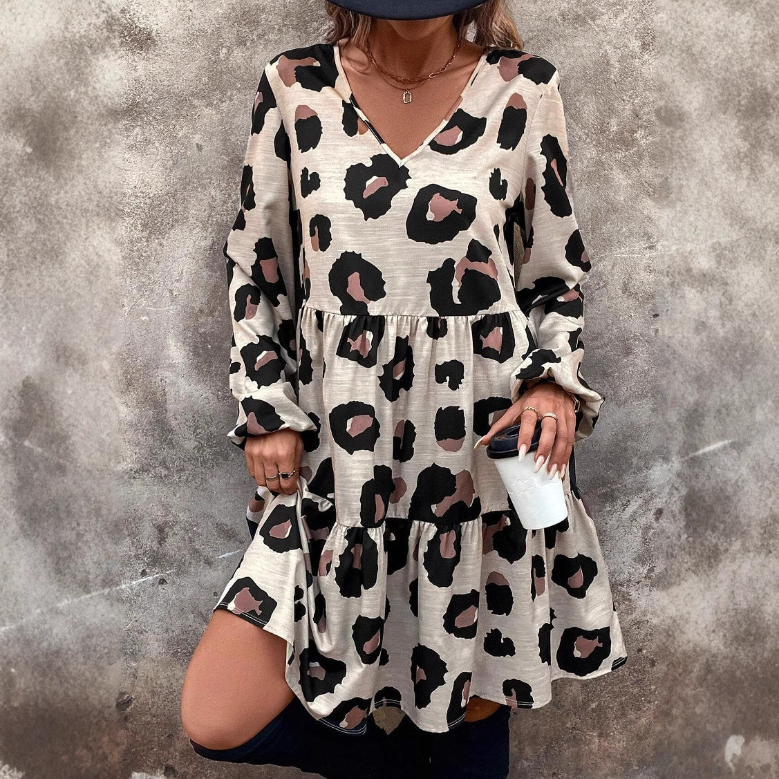Leopard Print Long Sleeve Dress Women