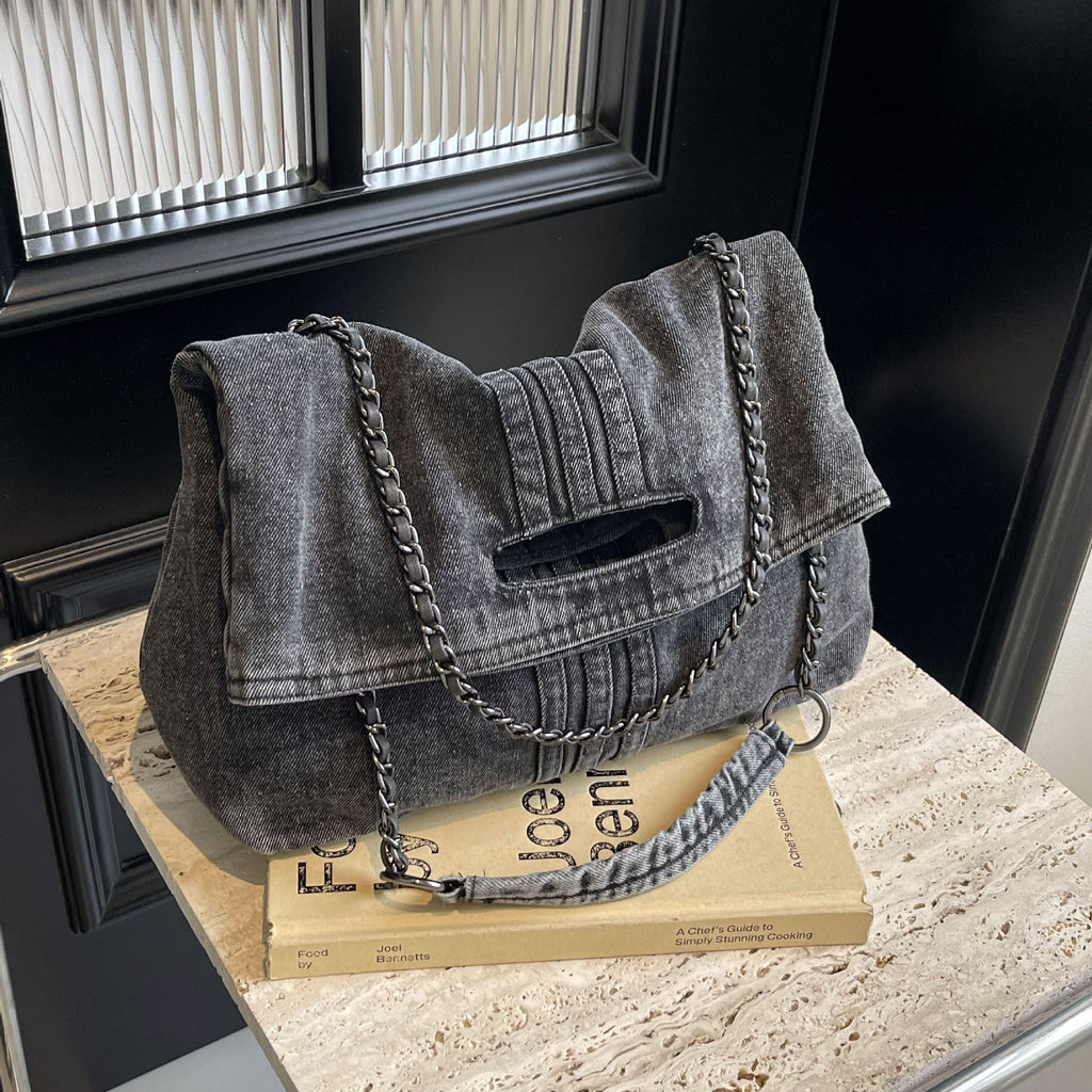 Denim Simple Shoulder Messenger Bag with Chain Detail