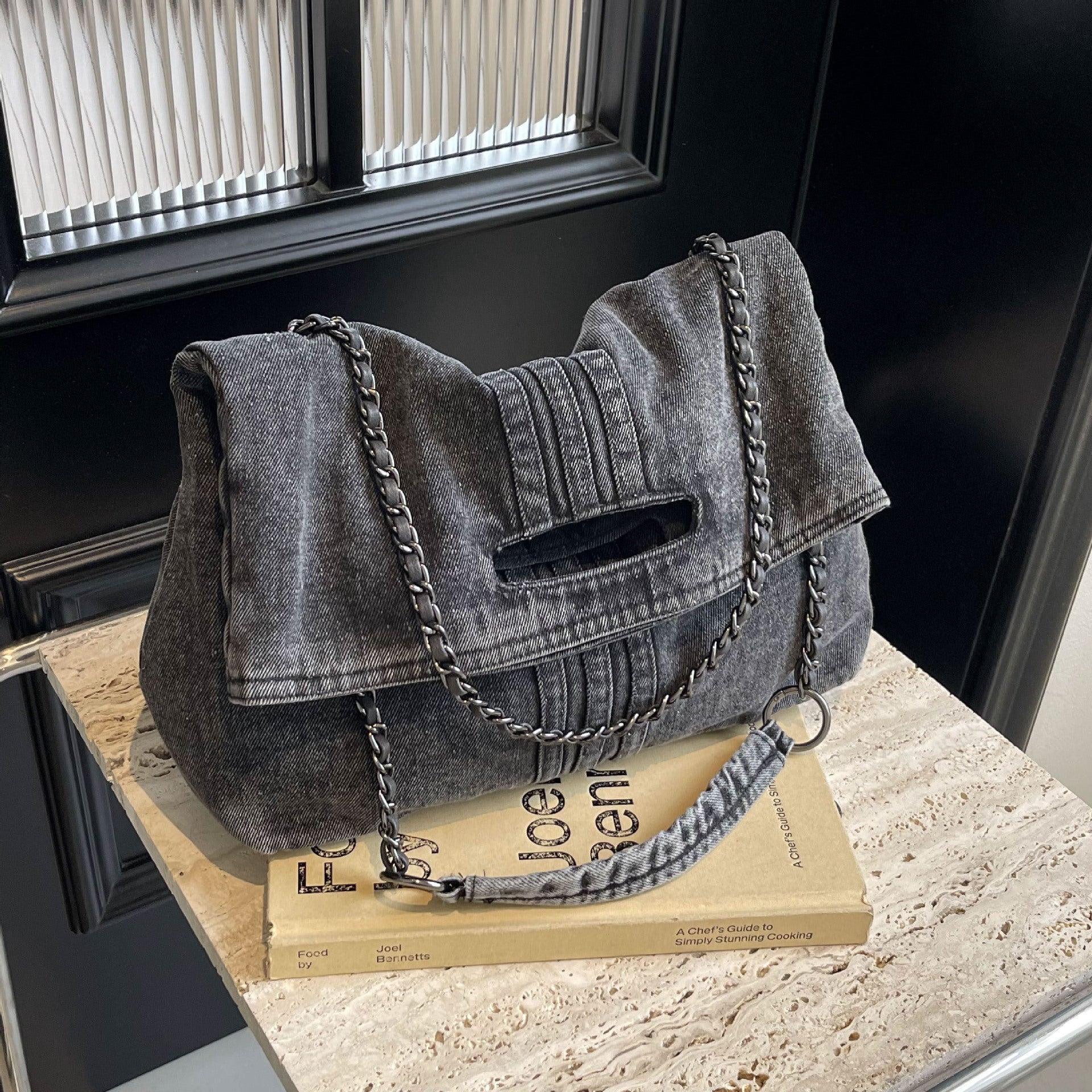 Denim Simple Shoulder Messenger Bag with Chain Detail