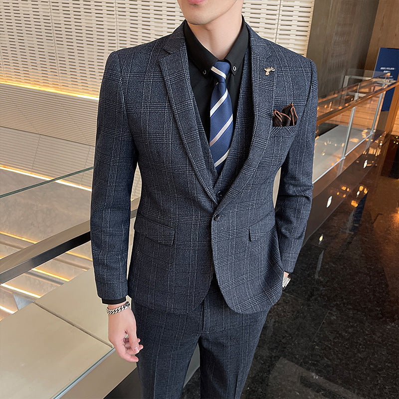 Casual Banquet Three-Piece Suit Set in Brown, Dark Gray & Blue