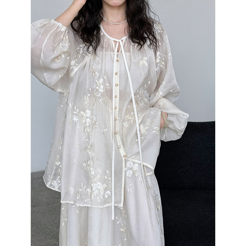 Chinese Style Embroidery Apricot Lantern Sleeve Mid-Length Dress Set M-L