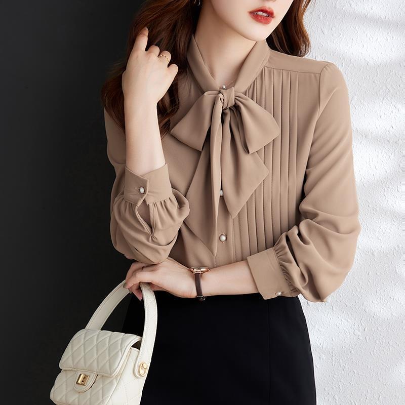 Light Brown Lace-Up Chiffon Long Sleeve Shirt for Women