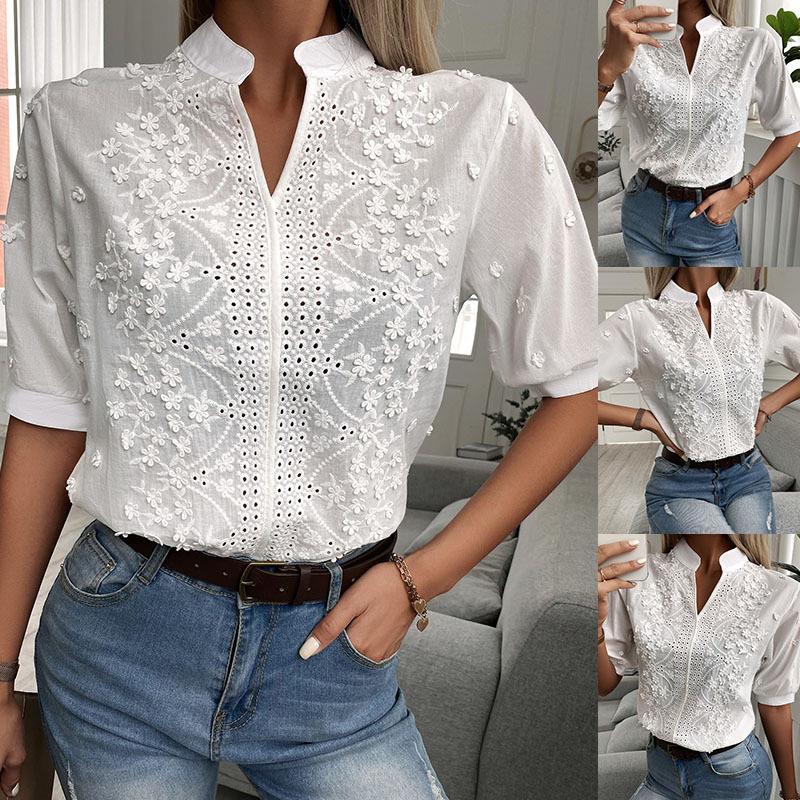 Women's V-Neck Stand Collar Embroidered Lace Blouse Shirt White Polyester