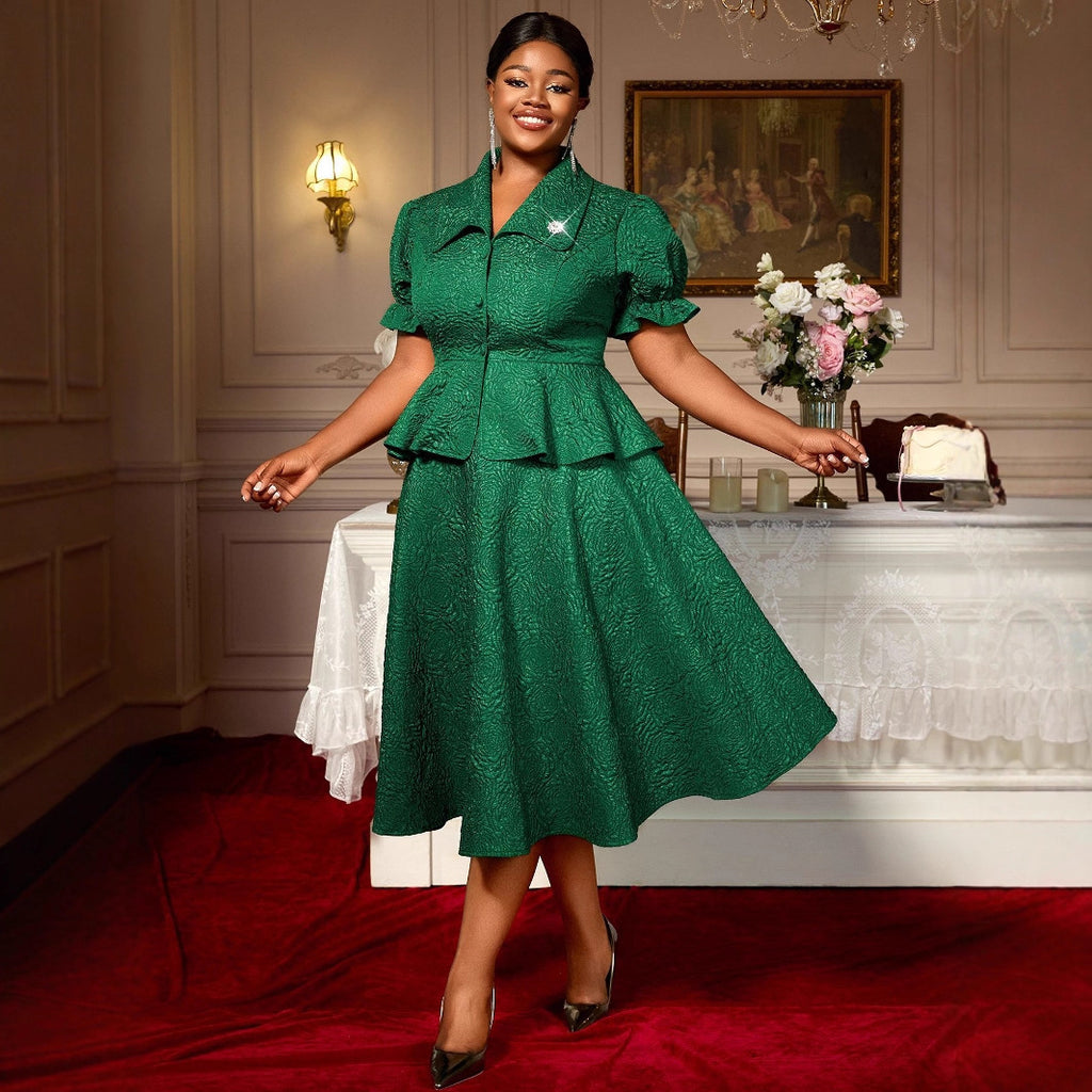 Dark Green Jacquard Lapel Button Ruffled Belly-Covering Dress