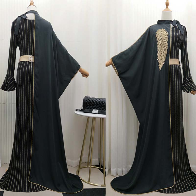 Robe-kimono rayée deux pièces style royal avec broderie de perles et cape Talma pour femmes musulmanes