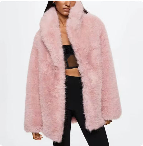 Women’s Thick Artificial Fur Warm Coat with Fur Collar