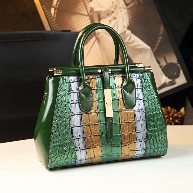 Vintage Cowhide Hand Shoulder Bag with Crocodile Pattern Crossbody