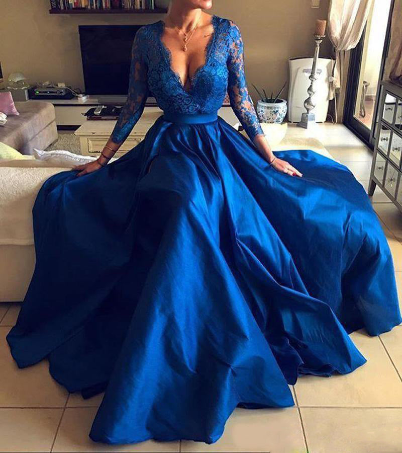 Blue Lace V-Neck Puff Sleeve Evening Dress with Large Swing Skirt