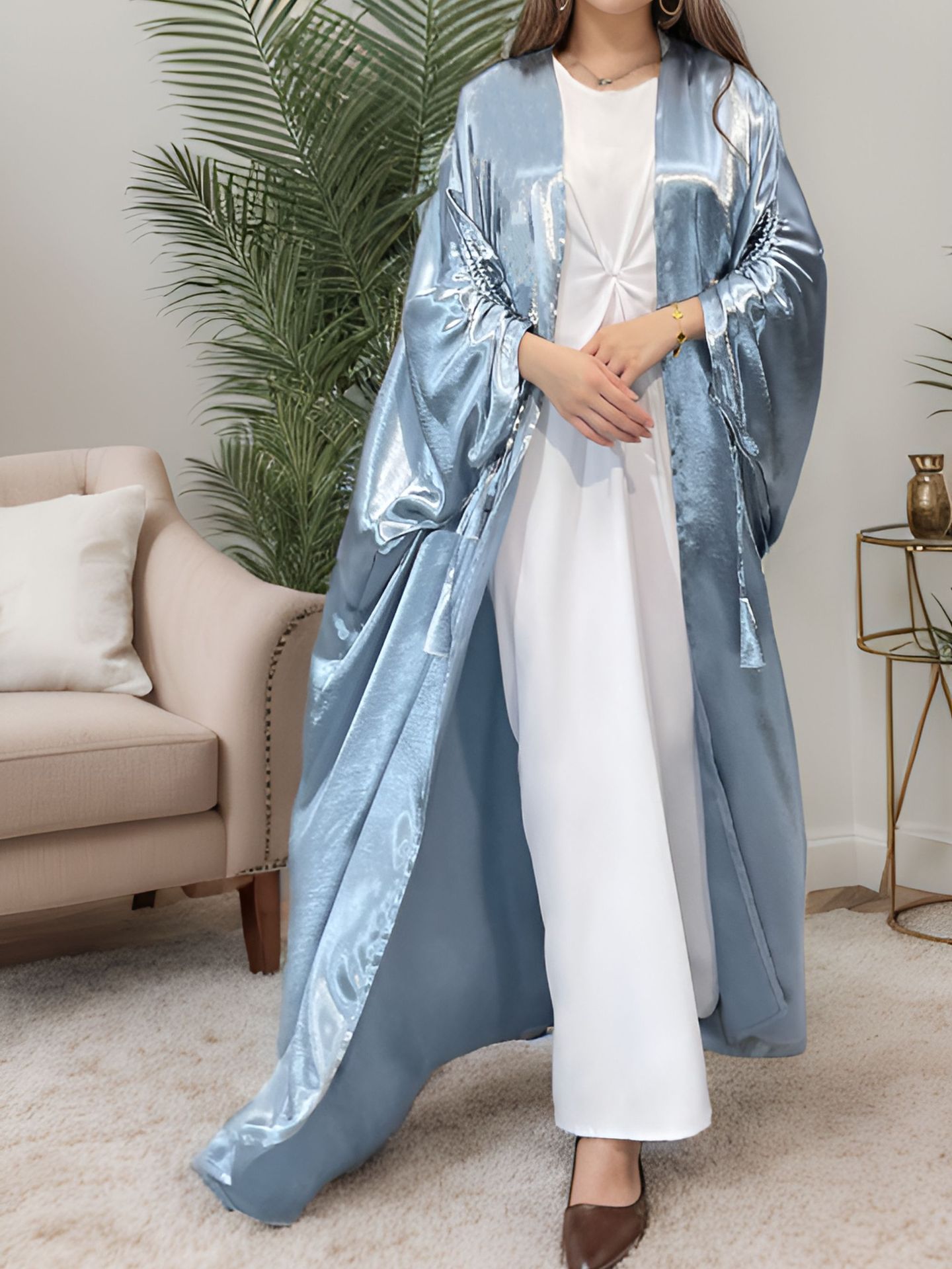 Simple Middle East Turkey Solid Color Plus Size Satin Robe