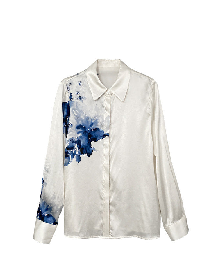 Women's Satin Silk Long Sleeve Shirt with Small Country Style