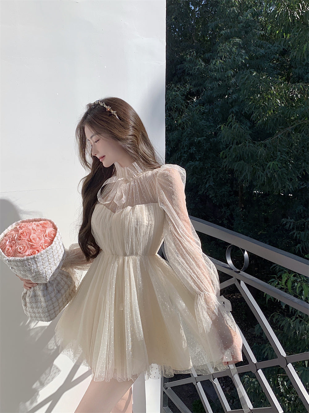 Long-sleeve Lace-up Stand Collar Dress