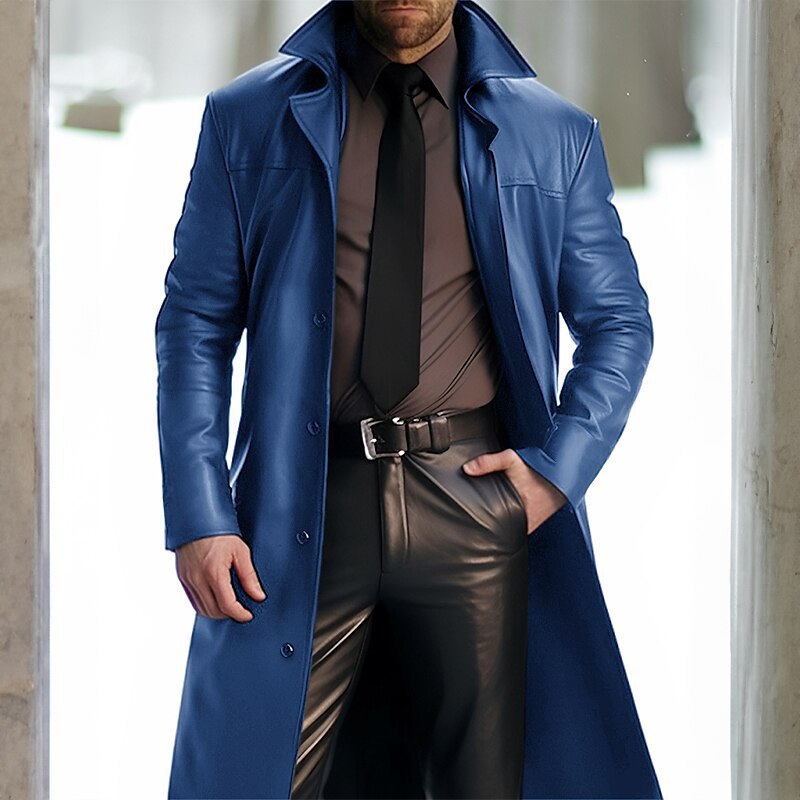 Trench-coat mi-long en faux cuir bleu vintage pour homme coupe-vent d'hiver