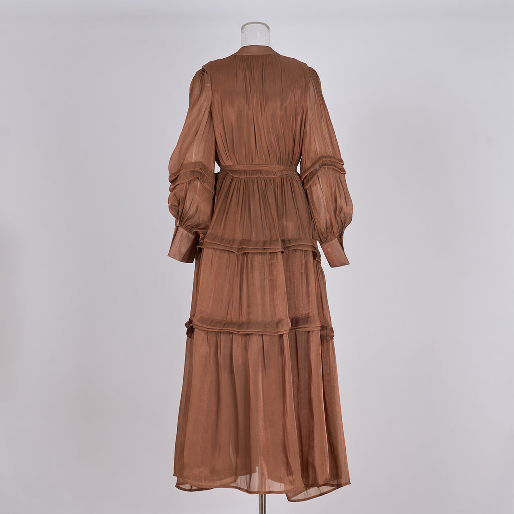 V-Neck Lantern Sleeve High Waist Pleated Long Dress