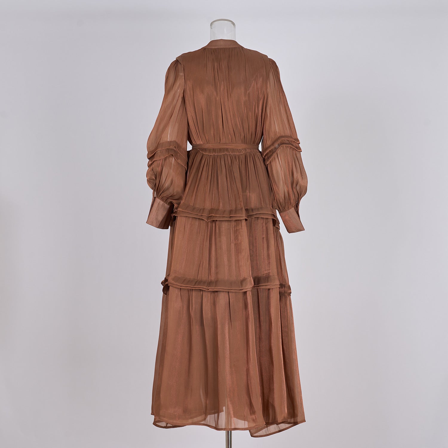 V-Neck Lantern Sleeve High Waist Pleated Long Dress