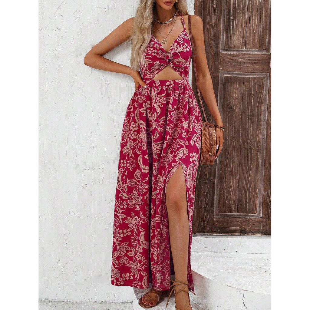 European & American Summer Women's Printed Hollow Pleated Halterneck Dress