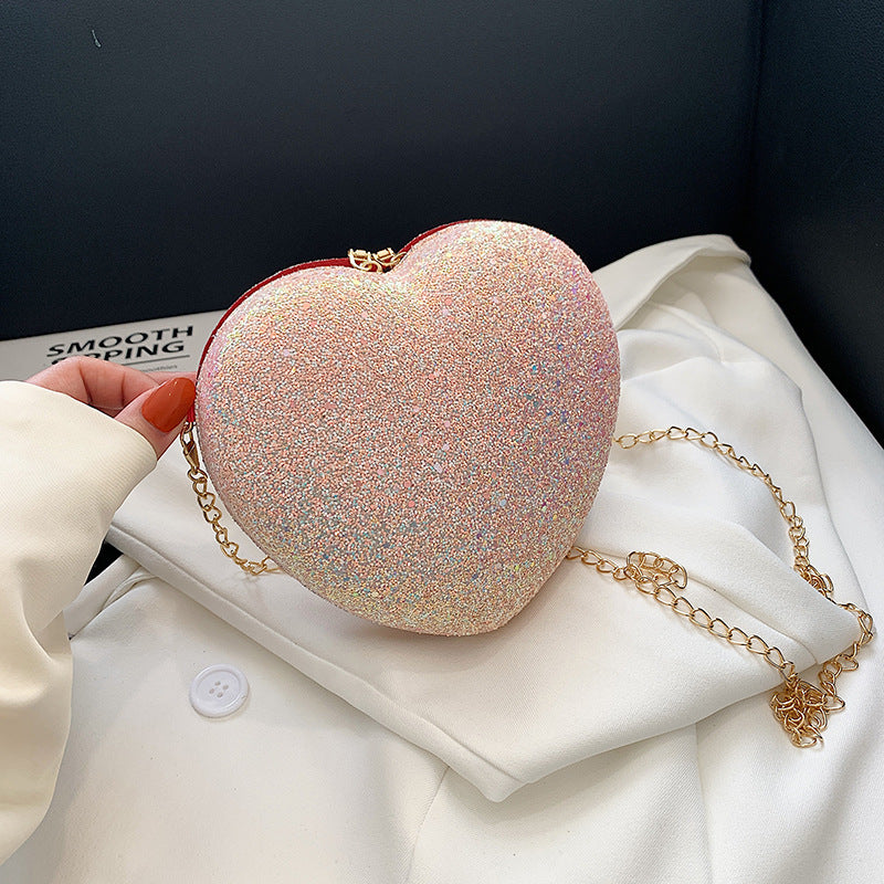 Shiny Crystal Peach Sequin Heart Chain Bag for Women