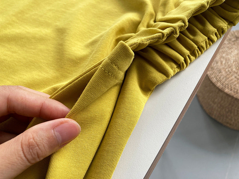 T-shirt plissé ample en coton à manches courtes pour femme