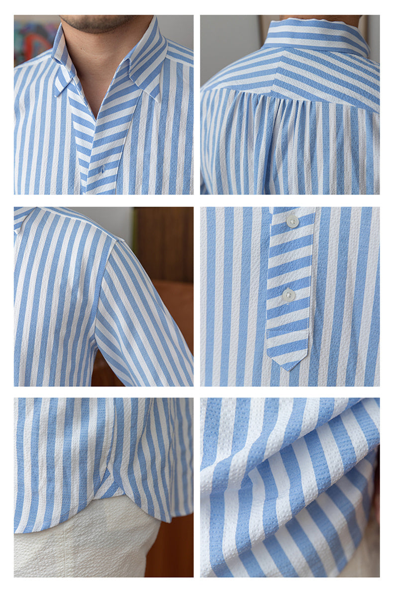 Chemise à manches longues en seersucker rayé bleu respirant